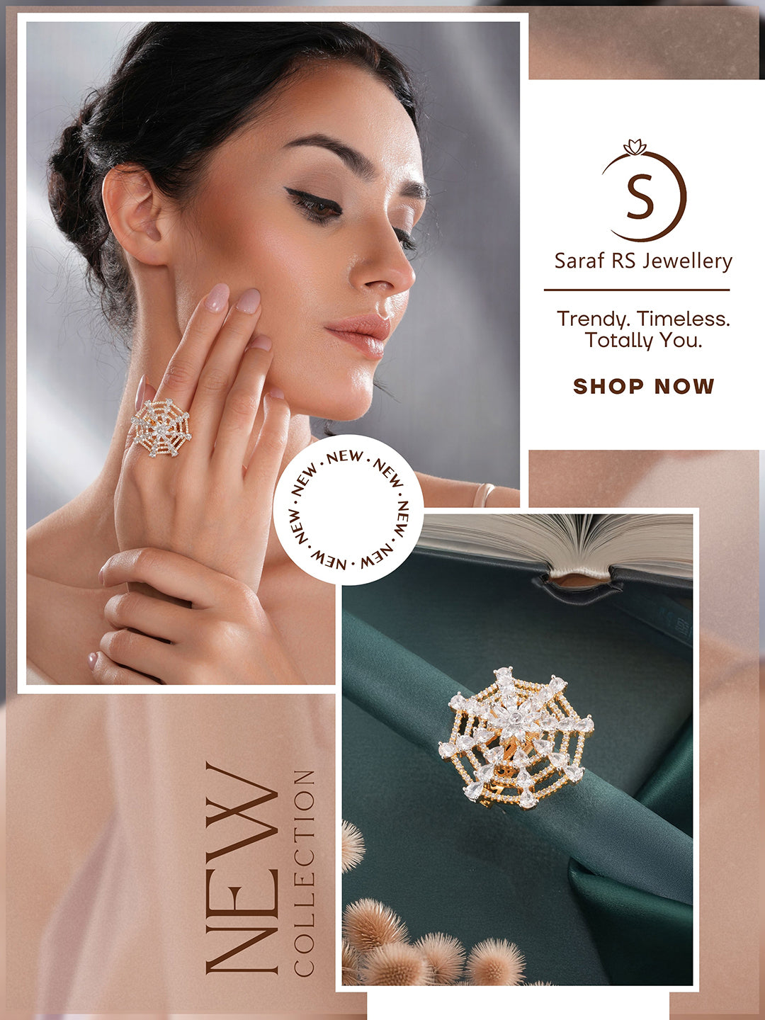 Gold Plated Zircon  Studded 3 D Effect Adjustable Cocktail Finger Ring